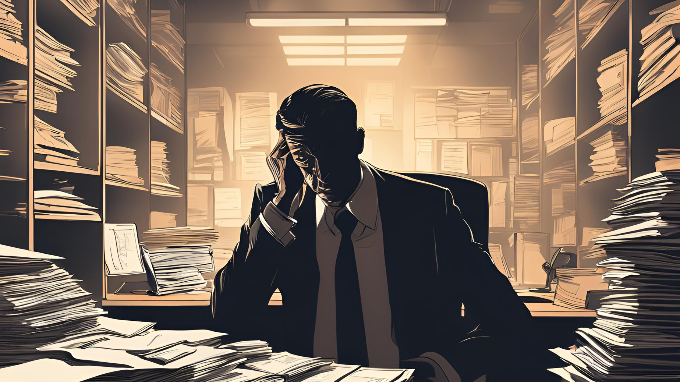 cartoonish depiction of a man at a desk full of paperwork