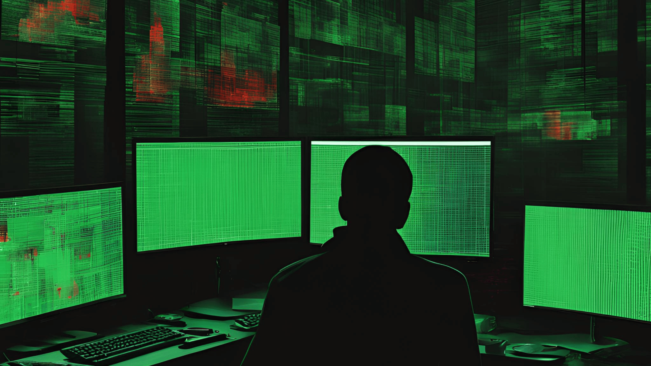 Black outline of a man in front of green computer screens